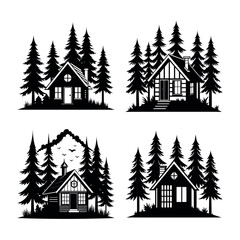 Obraz premium Collection of four rustic cabin scenes surrounded by pine trees in a graphic silhouette style