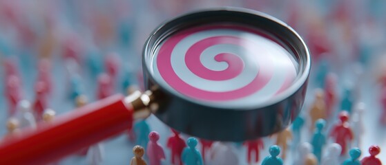 Conceptual image of a giant magnifying glass over a target audience on a digital map, precise targeting. Advertising, strategy.