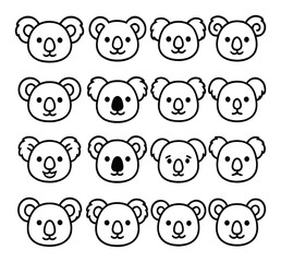 Koala head icon set. simple style koala bear faces, expressions, features vector icons.