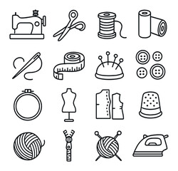 Sewing tools set. tailoring linear icons. sewing machine, scissors, needle, thread, buttons vector icons.
