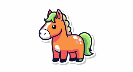 Cute Cartoon Pony / Horse Sticker Icon. Adorable cartoon pony/horse sticker in orange with green mane/tail. Cute, friendly design for children's themes, animals, and playful branding.