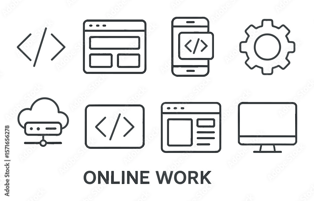 Fototapete Digital coding icon set. simple compose linear coding, gear, cloud, monitor vector icons.