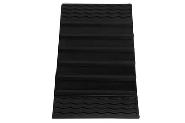 Black rubber conveyor belt with textured wavy pattern and flat sections isolated on transparent...