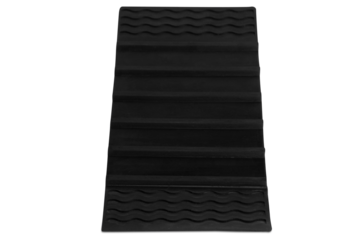 Black rubber conveyor belt with textured wavy pattern and flat sections isolated on transparent background