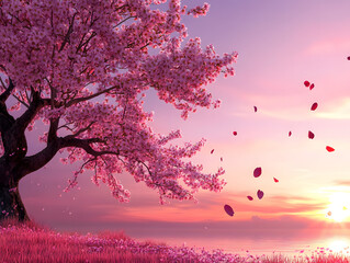 Beautiful pink cherry blossom tree with falling petals at sunset over calm water