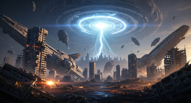 Alien invasion Sci-fi apocalypse UFO attack Destroyed city Doomsday Spaceship portal