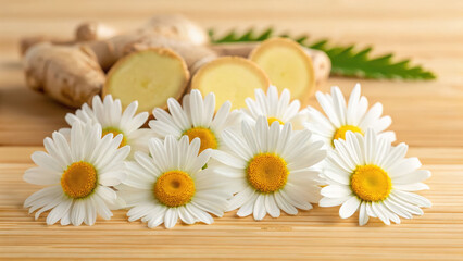 Obraz premium Chamomile flowers with fresh ginger slices on wooden surface create natural and soothing scene full of calming and warm tones