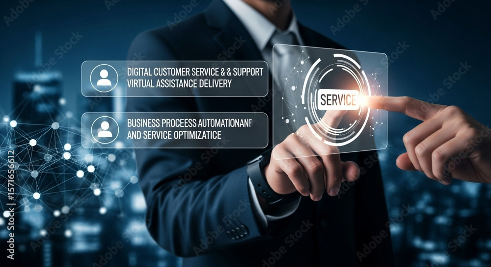Poster businessman touching digital service interface with customer support options displayed