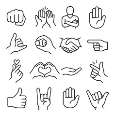 Gesture icon set. simple gesture linear icons: hand, fist, thumbs up, shake, heart, vector icons.