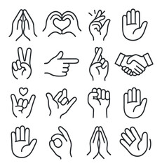 Diverse hand gesture set. simple linear gestures: prayer, love, peace, wave vector icons.