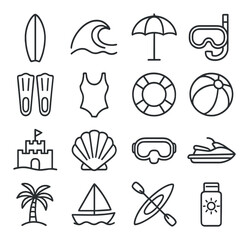 Beach activity set. summer fun linear style. surfboard, sun, umbrella, snorkel vector icons.