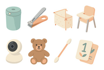 Baby care essentials set. simple baby, crib, chair, camera, bear, nail, swab, cards vector icons