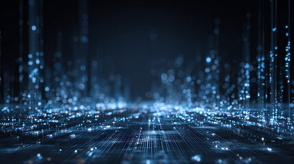 Futuristic Technology Background with Blue Digital Lines, Stage with Backdrop Showing Data Transmission. Vector Illustration.