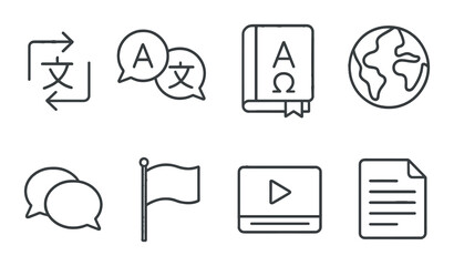 Global communication icon set. simple linear translation, speech, flag, video, globe vector icons.