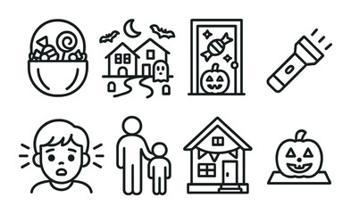 Halloween night set. simple silhouette icons: candy, house, flashlight, pumpkin vector icons.