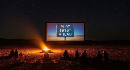 Gathered around a bonfire, a desert film screening displays a sign that reads Plot Twist Ahead under a brilliant night sky.