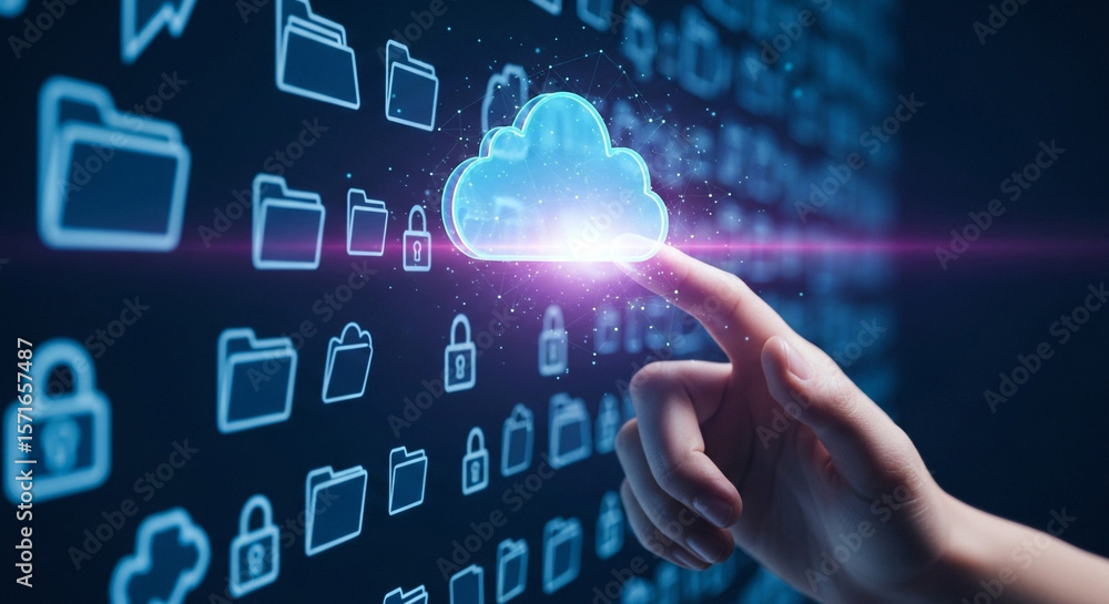 Poster hand touching a cloud icon with folders and lock icons in the background on a dark blue screen
