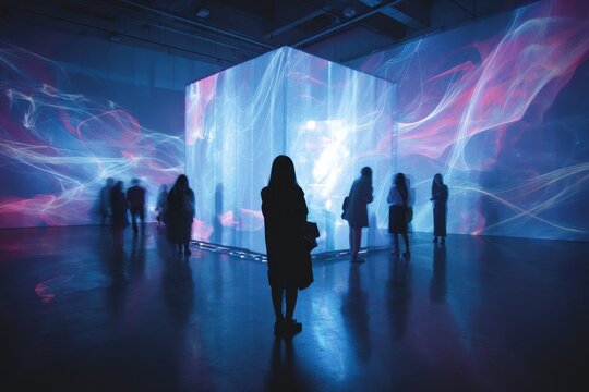 Immersive interactive digital art installation engages visitors with vibrant projections and dynamic atmosphere in modern gallery space