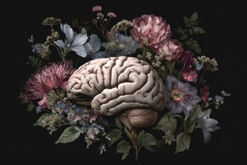 Human brain intricately framed by colorful flowers, showcasing a blend of science and nature in a vivid artistic representation