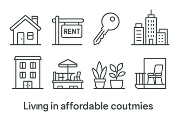 Fototapeta premium Affordable living set. housing, rent, key, cityscape, plants linear vector icons.