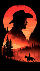 Sunset Forest Inside Cowboy Silhouette with Horse Rider and Birds in Flight.png