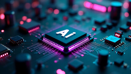 Macro 3D Render of Black AI Processor Chip on Illuminated PCB – Cyberpunk Tech Aesthetic with Purple & Blue Glow