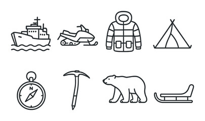 Fototapeta premium Polar expedition icon set. simple style: ship, snowmobile, jacket, tent, compass vector icons.