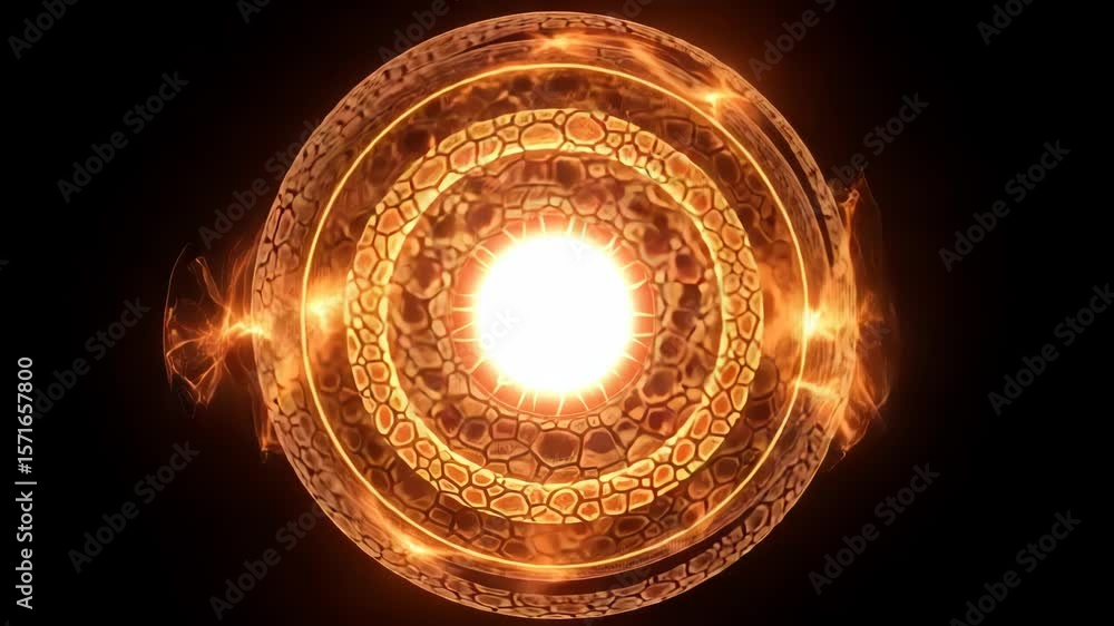 Poster an abstract glowing circle with intricate patterns radiates energy and light against a dark backgrou