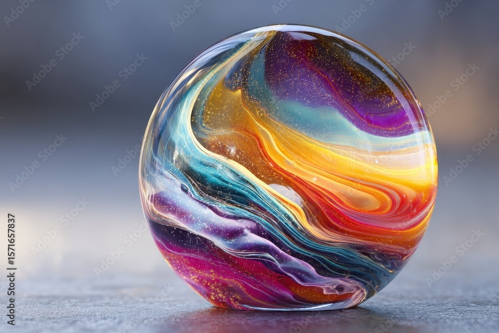 Poster colorful liquid swirl captured in a sphere showcasing vibrant hues and shimmering effects, creating 