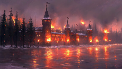 Burning castle near water, engulfed in flames, reflecting on the water surface, surrounded by trees, under smoky sky