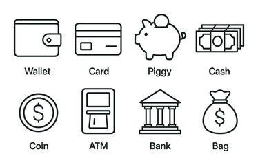 Financial icons set. linear money, wallet, card, piggy, cash, coin, atm vector icons.