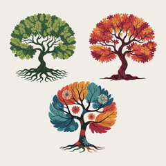 Naklejka premium Three stylized trees representing different seasons and nature s beauty
