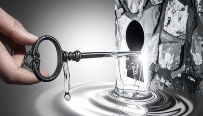 Conceptual art of an ornate vintage key unlocking a secret and pouring liquid into a glass. Reference Image