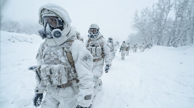 Soldiers in white winter camouflage gear marching through a snowy landscape.