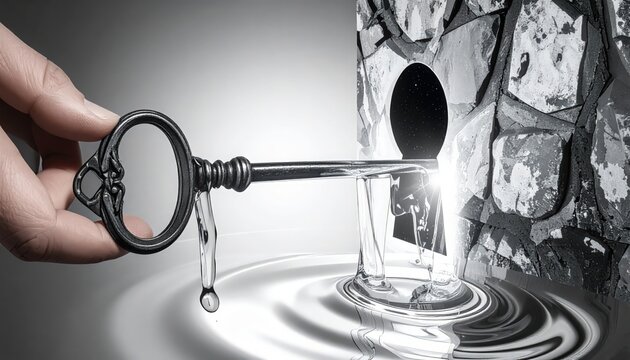 Conceptual art of an ornate vintage key unlocking a secret and pouring liquid into a glass. Reference Image