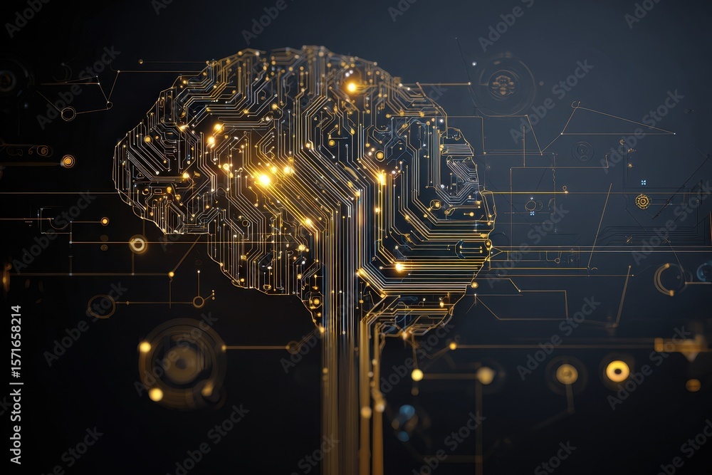 Poster exploration of creative artificial intelligence depicted as a neural network brain with intricate ci