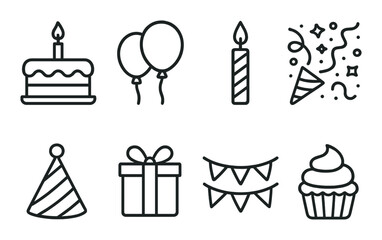 Birthday celebration set. simple party linear cake, balloon, candle, gift vector icons.