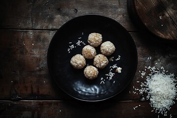 Crispy Risotto Balls on Dark Plate with White Rice Elegant Italian Cuisine Display