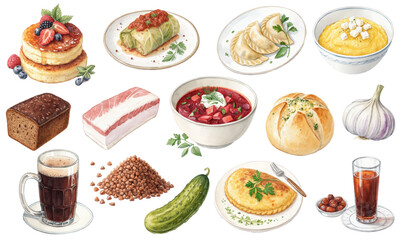 Watercolor Vector Set of Traditional Slavic and Ukrainian Cuisine — Borscht, Varenyky, Buckwheat, Kvass