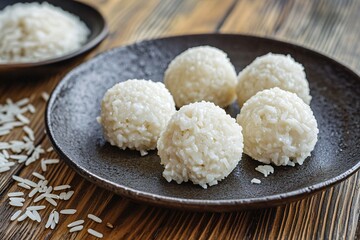 Crispy Risotto Balls on Dark Plate with White Rice Elegant Italian Cuisine Display
