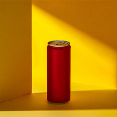 Red soda can on yellow background product photography for beverage advertising and marketing campaign