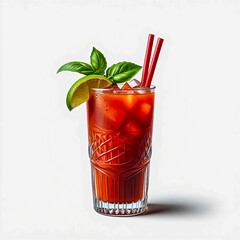 Refreshing bloody mary cocktail recipe with lime basil and red straws on white background image stock photo