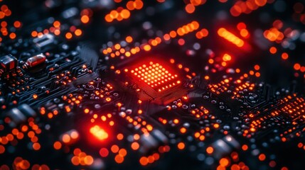 Close-up circuit board, red LEDs