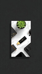 Modern Minimalist Black USB Drive on Marble Surface with Smartphone and Succulent