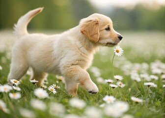 Golden Retriever puppy sniffing a daisy in a field of wildflowers