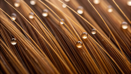 Water droplets on wet brown hair strands create soothing ASMR effect with natural texture and soft lighting