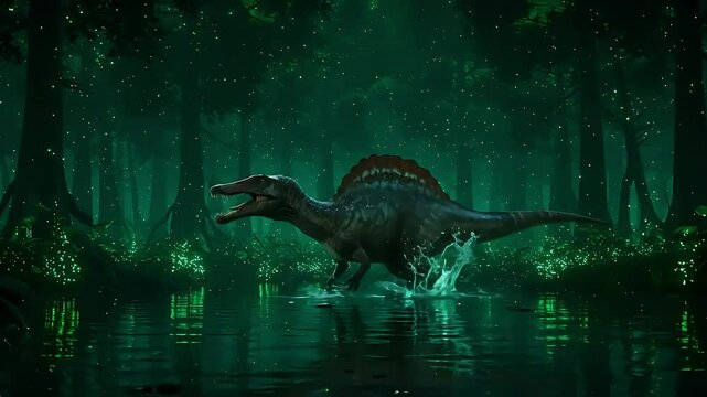 3D Spinosaurus in Glowing Prehistoric Swamp at Night