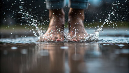 Wet feet splashing water on wet surface with asmr effect creating refreshing and calming atmosphere in outdoor setting