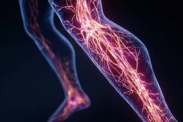 Close up view of a leg affected by varicose veins showcasing vascular changes, emphasizing the key characteristics of this common circulatory condition