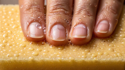 Wet fingers with water droplets on yellow sponge create soothing ASMR effect with natural nails close up in soft light